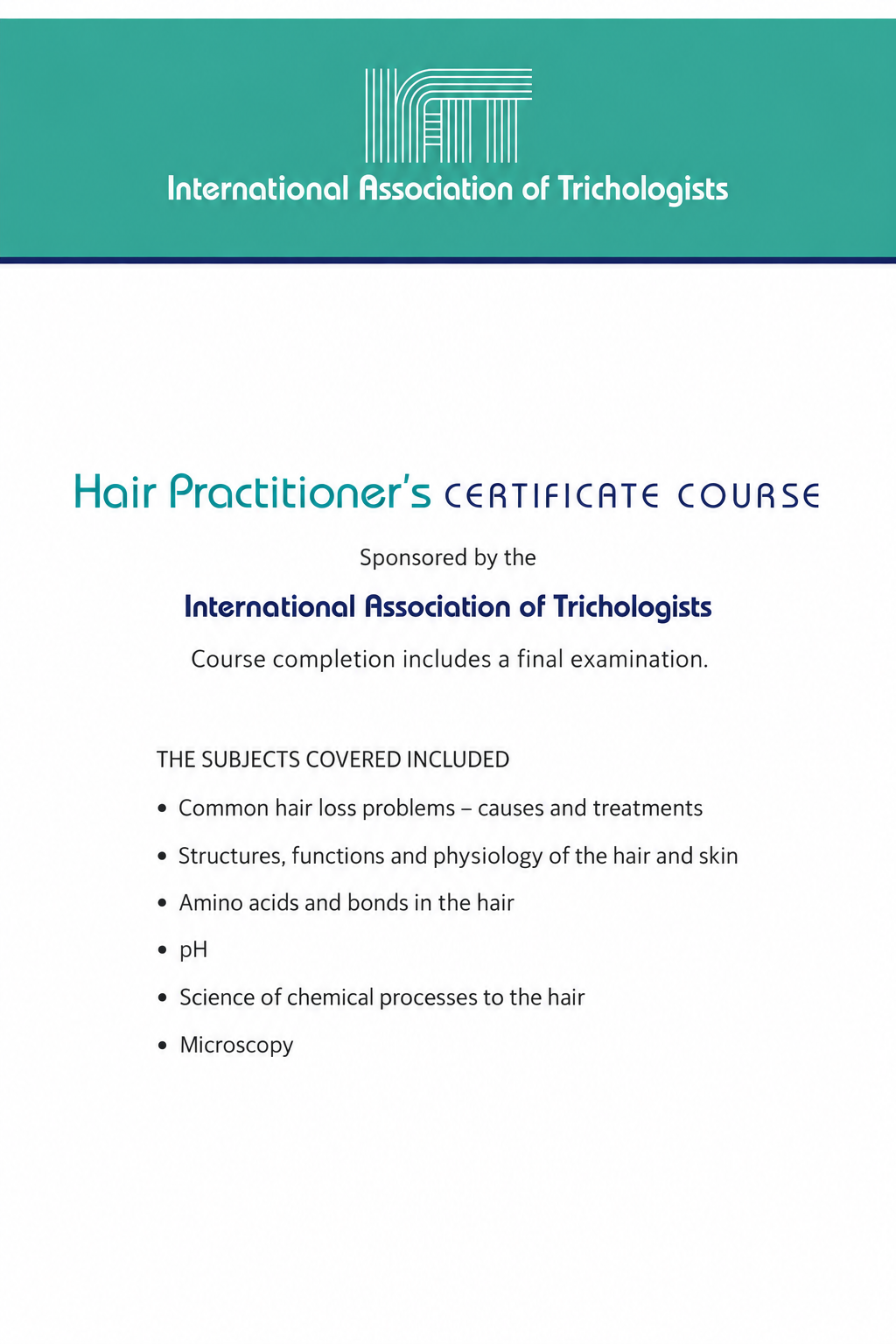 International Association of Trichologists (IAT) Hair Practitioner’s Certificate Course 課程資料